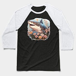 WHITE shark colorful Flower Illustration Baseball T-Shirt